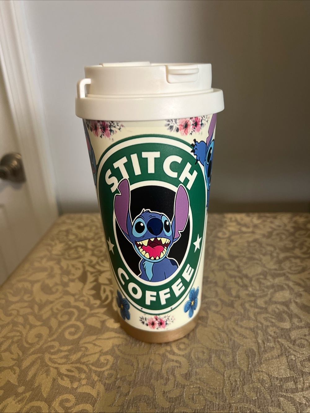 Cute Stitch Coffee Tumbler Floral Not Disney Convenient Drink Holder